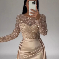 Floor Length Sequin Ruched Satin Evening Gowns With Long Sleeves  - Thumbnail 1