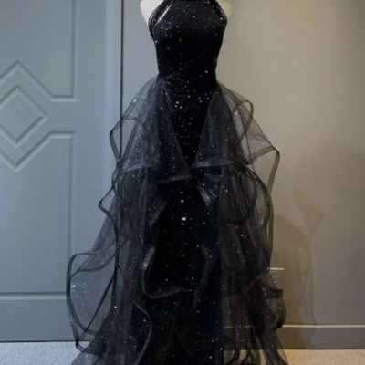 A-line sparkle sleeveless sequined prom dress with ruffles