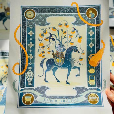 Wandering persimmon grove risograph print