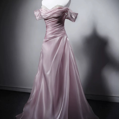 Beautiful pink off the shoulder long prom party dress
