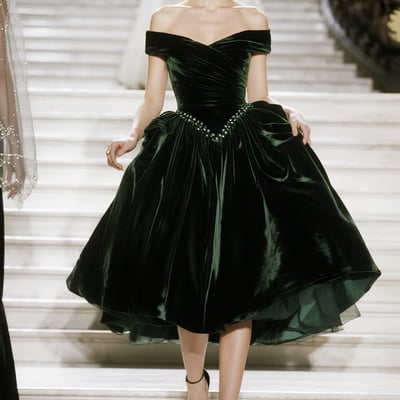 Emerald green velvet off-the-shoulder cocktail dress with crystal waist detail