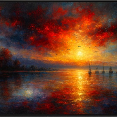 Sunset sailboats over calm water wall art print