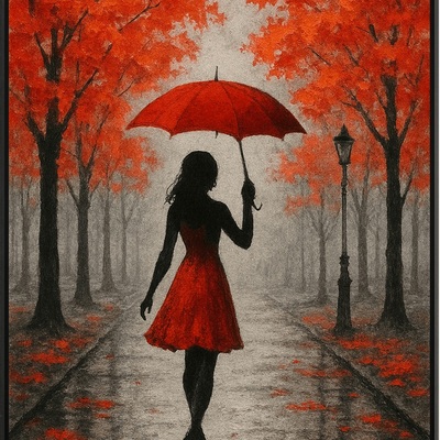 Red umbrella stroll rainy autumn path wall art print