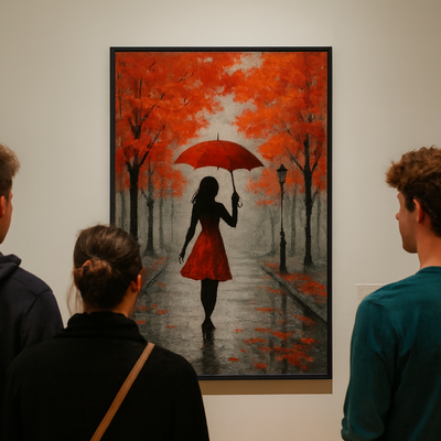 Red umbrella stroll rainy autumn path wall art print