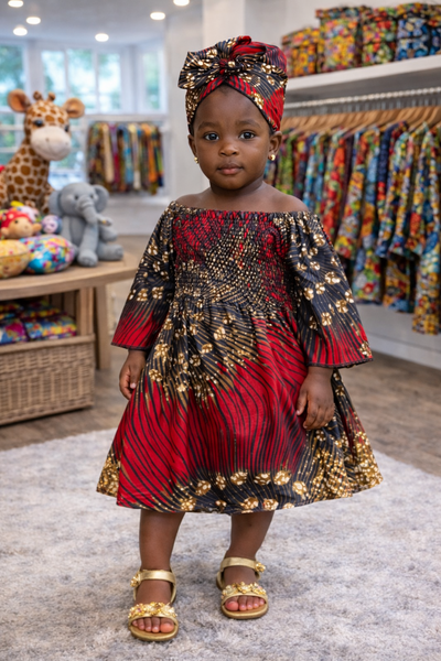 Crimson Bloom Toddler Dress w/ Headwrap 