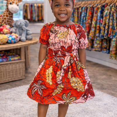 Orange toddler dress w/ headwrap & belt