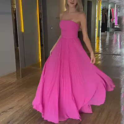Elegant long hot pink chiffon strapless prom dresses with wrap a-line sleeveless ruched floor length party dress maxi formal evening