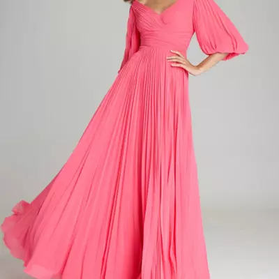 Classy long pink chiffon v-neck 3/4 sleeve mother of the bride dresses a-line fuchsia royal blue pleated floor length