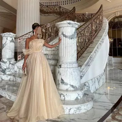Elegant long scalloped organza evening dresses a-line sleeveless champagne ruffled prom dresses floor length formal dress