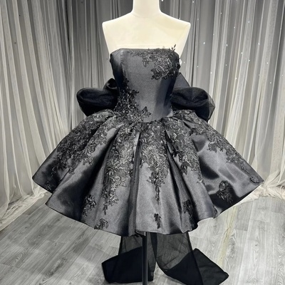 Black satin lace knee length party prom dress