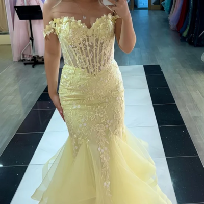 Floor length yellow lace evening prom dress, formal evening dresses - Thumbnail 1