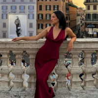 Charming Deep V Neck Burgundy Prom Evening Dresses - Thumbnail 1