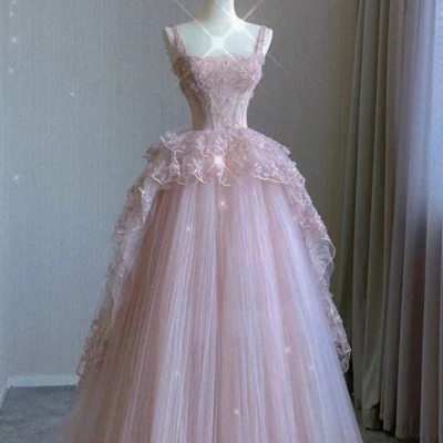 Floor length pink tulle long party dress with lace - Thumbnail 2