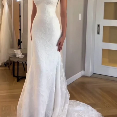 Mermaid v neck lace wedding dresses, long bridal gowns