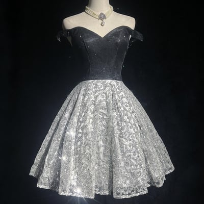 Black and silver off-the-shoulder glitter homecoming party dress