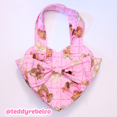 Pink teddy heart shaped tote bag