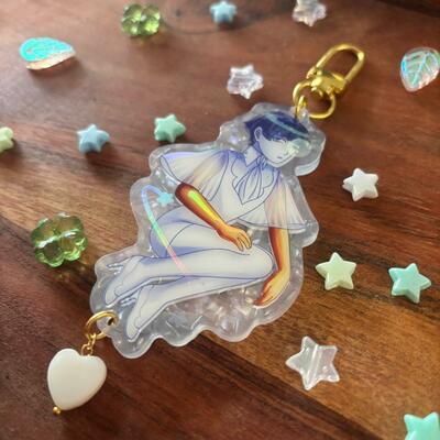Moon phos 9cm / 3.5" pearlescent acrylic keychain with translucent holographic foil