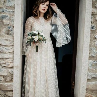 Simple polka dots wedding gowns a-line long sleeve bride dresses,1997