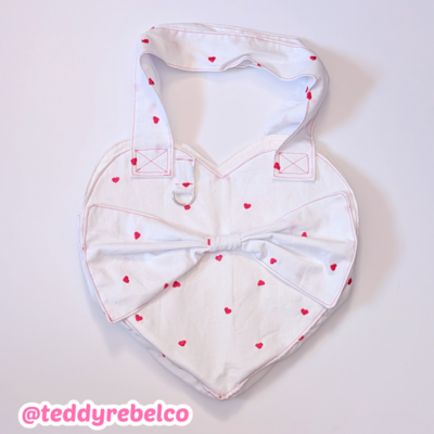 Red and white embroidered heart shaped tote bag