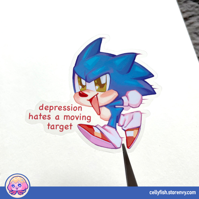 Sonic - depression hates a moving target - transparent glossy sticker
