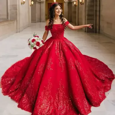 Red ball gown beaded quinceanera dresses lace appliqued prom gowns sequined off the shoulder neckline tulle sweet 15 masquerade