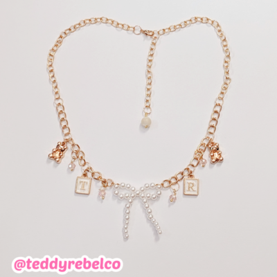 T&r bow and bear charm chain necklace