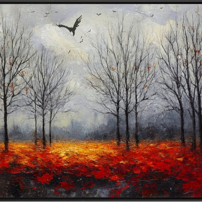 Autumn woodland landscape with birds art print – fall forest wall decor