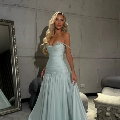 Spaghetti straps a line tiffany blue long chiffon prom evening dress