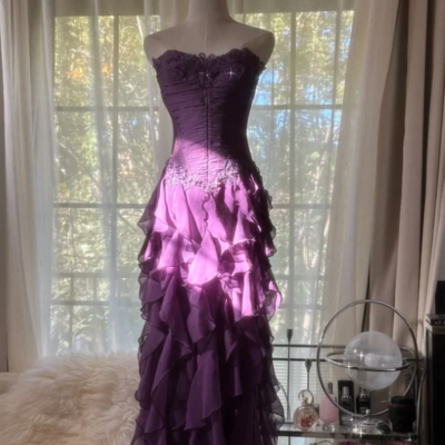 Strapless grape purple chiffon long prom dresses - Thumbnail 1