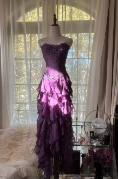 Strapless Grape Purple Chiffon Long Prom Dresses