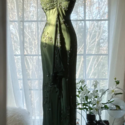 Vintage dark green strapless beaded chiffon prom dresses
