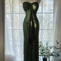 Vintage Dark Green Strapless Beaded Chiffon Prom Dresses - Thumbnail 1