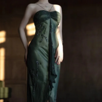 Vintage Dark Green Strapless Beaded Chiffon Prom Dresses - Thumbnail 3