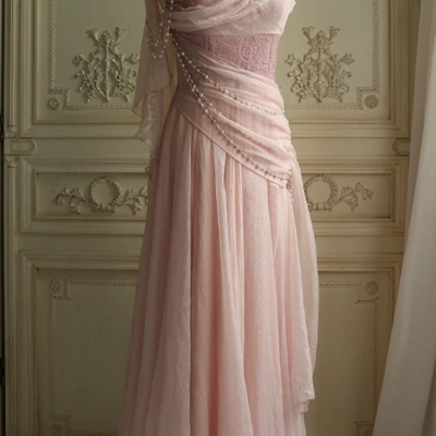 A-line pink straps lace chiffon long formal party dress