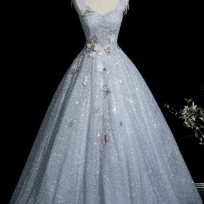 Blue tulle sequins long prom party dress