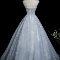 Blue Tulle Sequins Long Prom Party Dress - Thumbnail 1