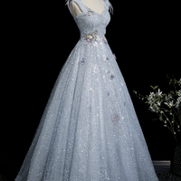 Blue Tulle Sequins Long Prom Party Dress - Thumbnail 2
