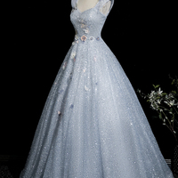 Blue Tulle Sequins Long Prom Party Dress - Thumbnail 3