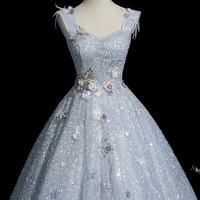 Blue Tulle Sequins Long Prom Party Dress - Thumbnail 4