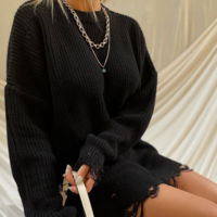 Loose Solid Color Perforated Long Sleeved Knitted Sweater - Thumbnail 1