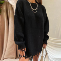 Loose Solid Color Perforated Long Sleeved Knitted Sweater - Thumbnail 2