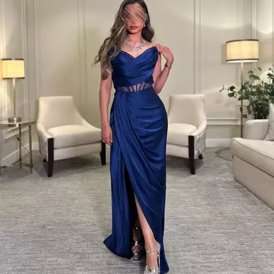 Elegant long peacock blue v-neck crepe evening dresses with slit mermaid beaded floor length sweep train formal prom party gown