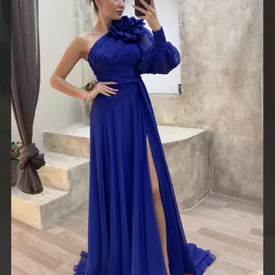Elegant long chiffon evening dresses with flower a-line yellow one shoulder pleated watteau train prom dress party dresses