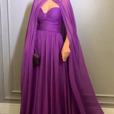 Elegant long purple evening dress chiffon floor length formal prom party gown pleats galadress vestidos women dresses with cape