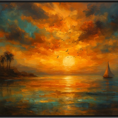 Tropical sunset sailboat on a vibrant ocean horizon wall art print
