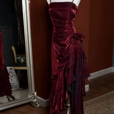 Spaghetti straps ruffle 3d floral satin asymmetrical hem prom dresses