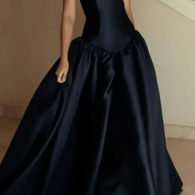 Strapless a-line navy blue satin long formal party dress - Thumbnail 1