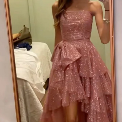 Strapless high low pink a line party dresses