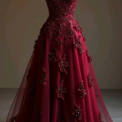 Mermaid dark red off shoulder tulle beading formal long prom dress