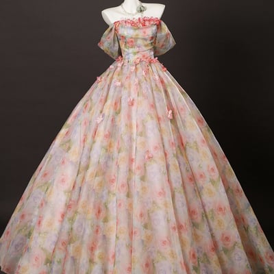 Pastel garden princess prom dress - floral print puff sleeve ball gown